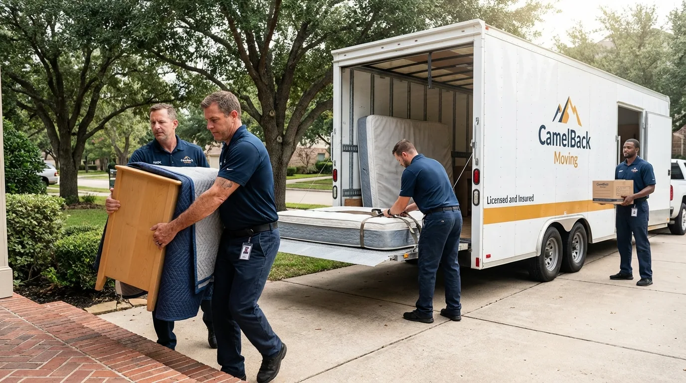 Crew loading residential truck for cross-state move from Shawano, WI