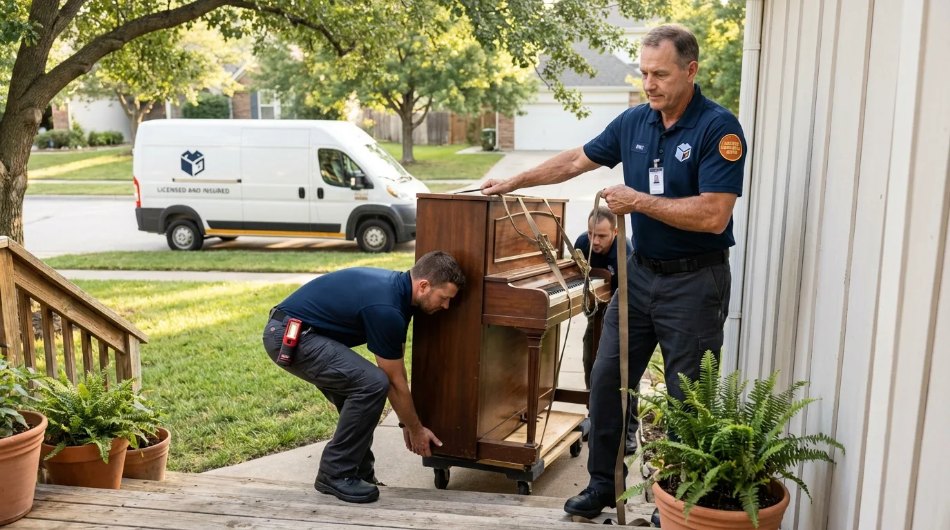 Licensed piano movers securing grand piano in Shawano, WI