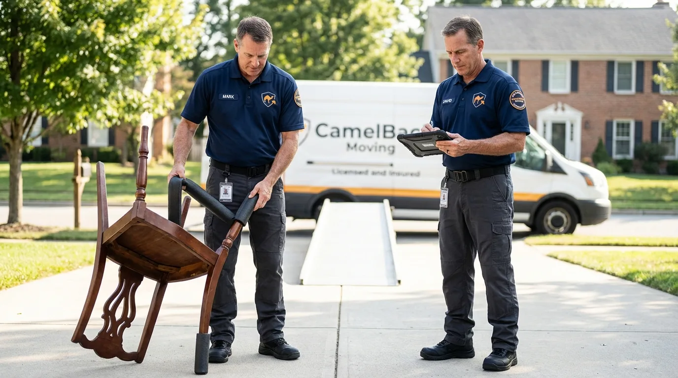 Movers inspecting furniture for damage prevention before loading in Shawano, WI